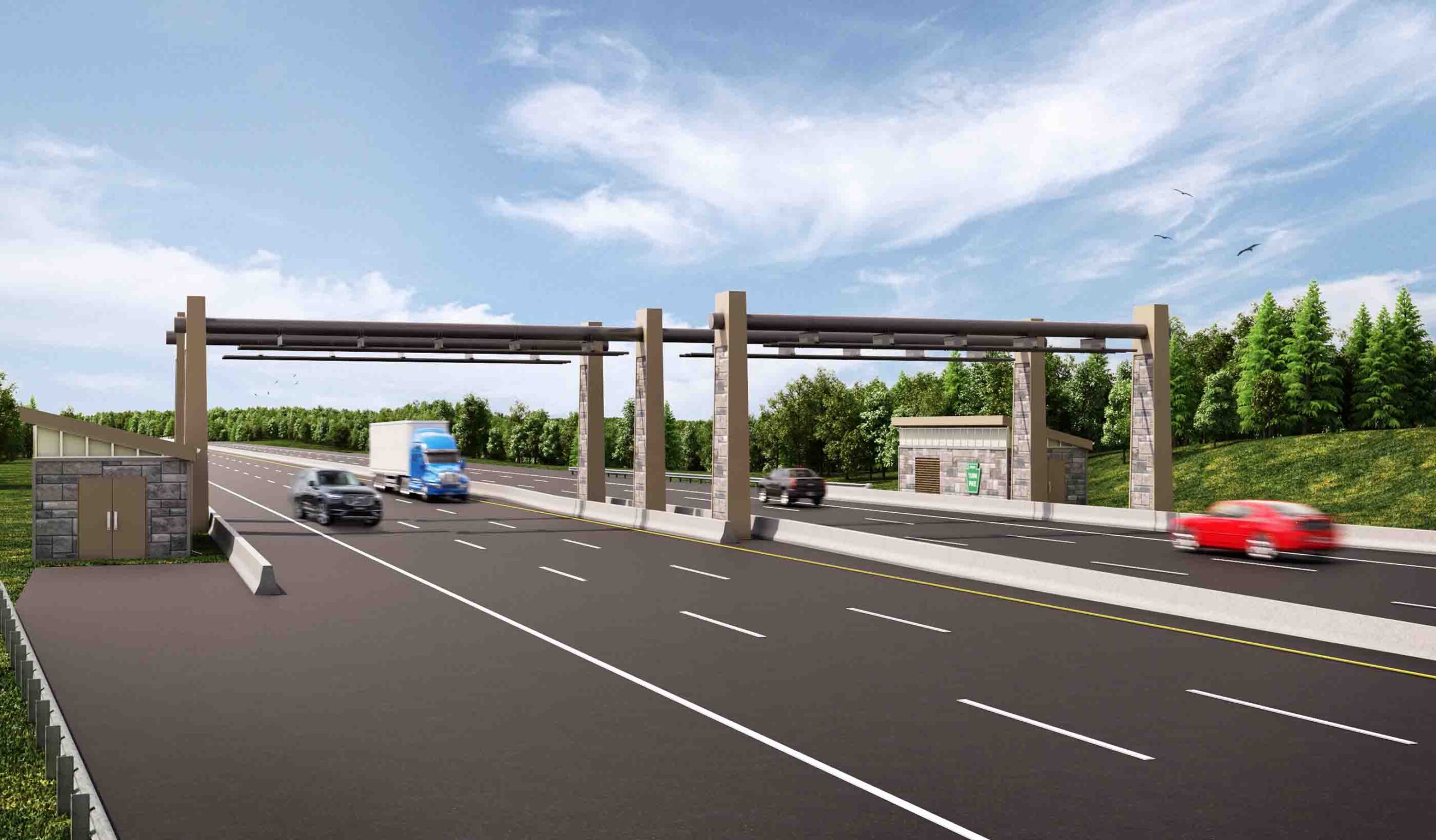 Open-road cashless tolling system with vehicles driving under a highway gantry at speed