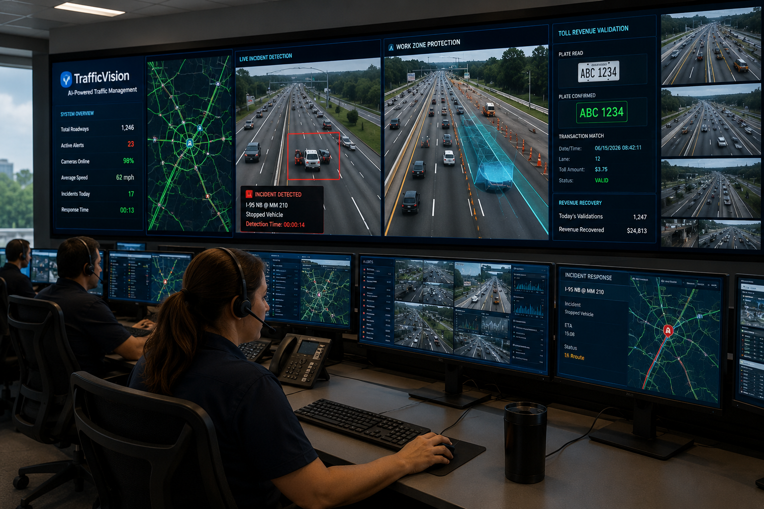 Traffic Management Center operators monitor AI-powered video analytics dashboards that detect highway incidents, protect work zones, and validate toll transactions in real time across a large wall of live traffic feeds.