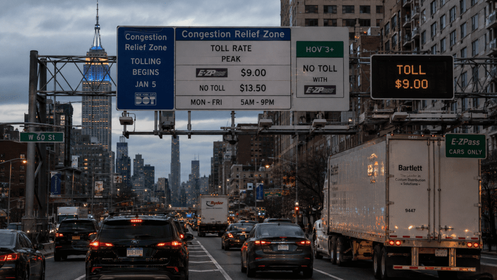 Traffic moves beneath a congestion pricing gantry in Midtown Manhattan at dusk, with digital toll displays, freight trucks, and passenger vehicles entering New York City's Congestion Relief Zone.
