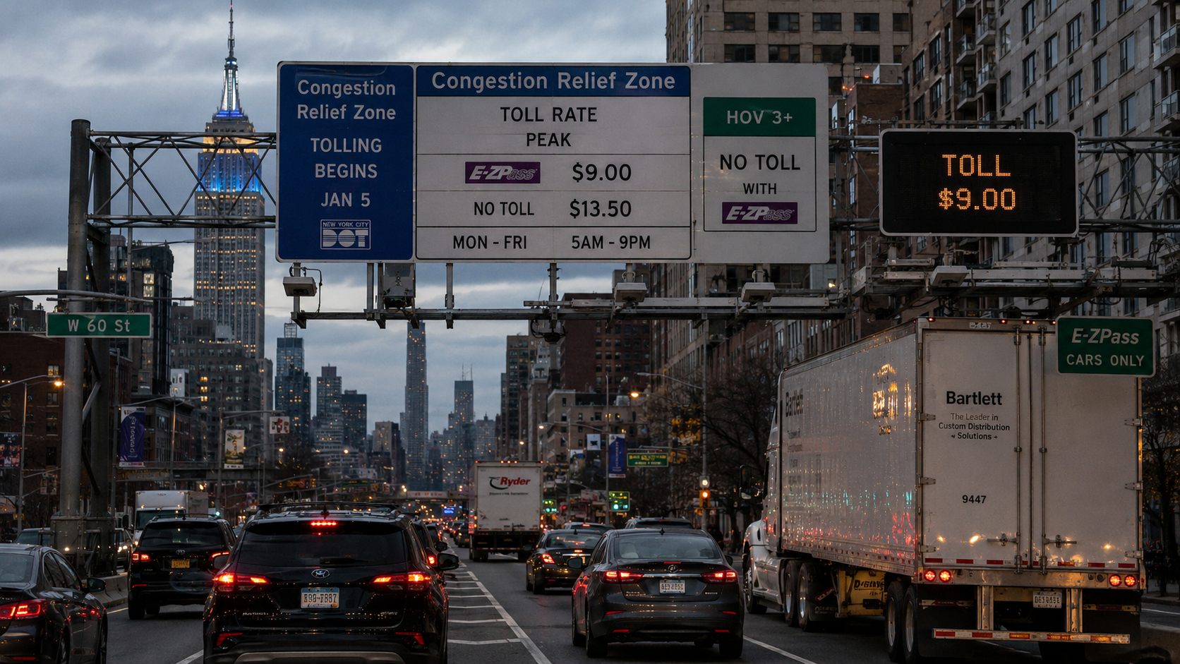 Traffic moves beneath a congestion pricing gantry in Midtown Manhattan at dusk, with digital toll displays, freight trucks, and passenger vehicles entering New York City's Congestion Relief Zone.