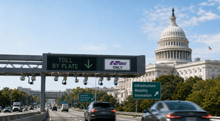 Photorealistic highway toll gantry with advanced electronic tolling technology in front of the U.S. Capitol building, symbolizing the BUILD America 250 Act, infrastructure funding, public-private partnerships, and the future of smart road-user charging.