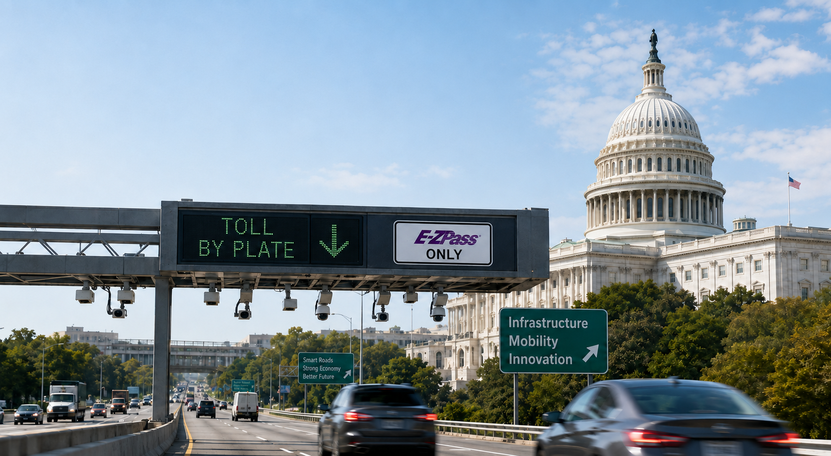 Photorealistic highway toll gantry with advanced electronic tolling technology in front of the U.S. Capitol building, symbolizing the BUILD America 250 Act, infrastructure funding, public-private partnerships, and the future of smart road-user charging.