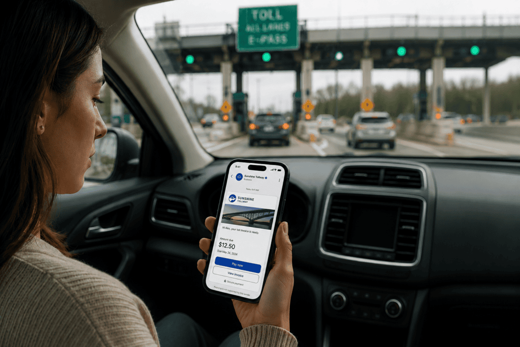 Driver viewing a verified RCS toll payment notification on a smartphone while approaching an electronic toll plaza, demonstrating secure and trusted digital toll communications.