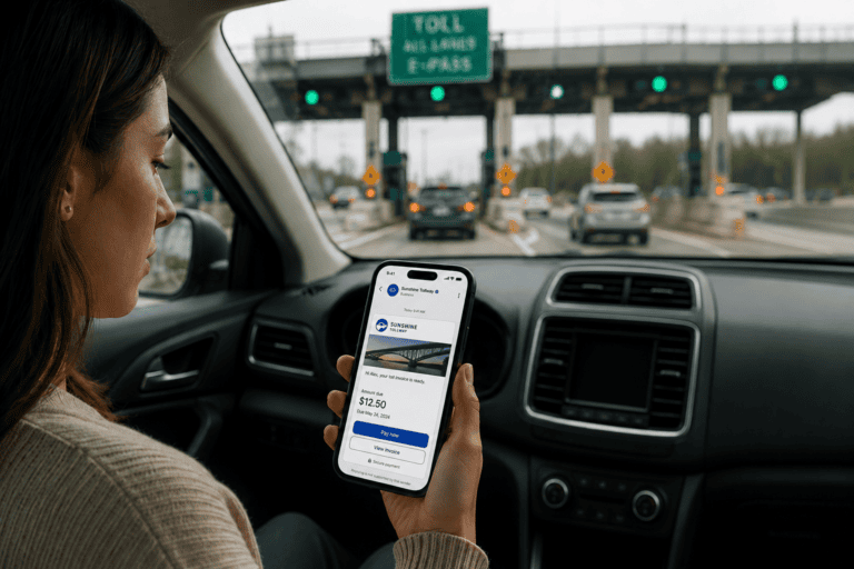 Driver viewing a verified RCS toll payment notification on a smartphone while approaching an electronic toll plaza, demonstrating secure and trusted digital toll communications.