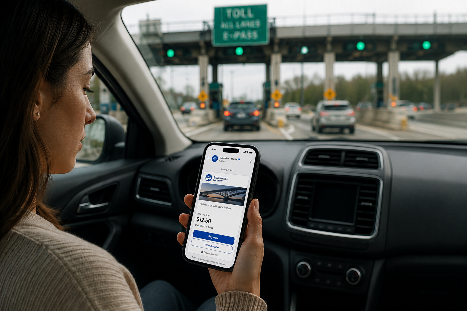 Driver viewing a verified RCS toll payment notification on a smartphone while approaching an electronic toll plaza, demonstrating secure and trusted digital toll communications.