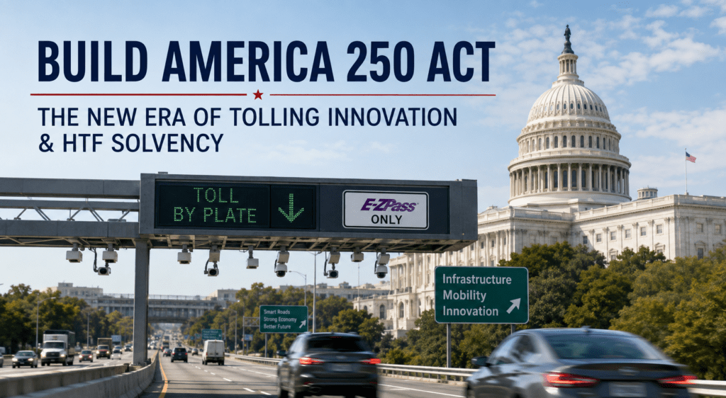 Photorealistic highway toll gantry with advanced electronic tolling technology in front of the U.S. Capitol building, symbolizing the BUILD America 250 Act, infrastructure funding, public-private partnerships, and the future of smart road-user charging.