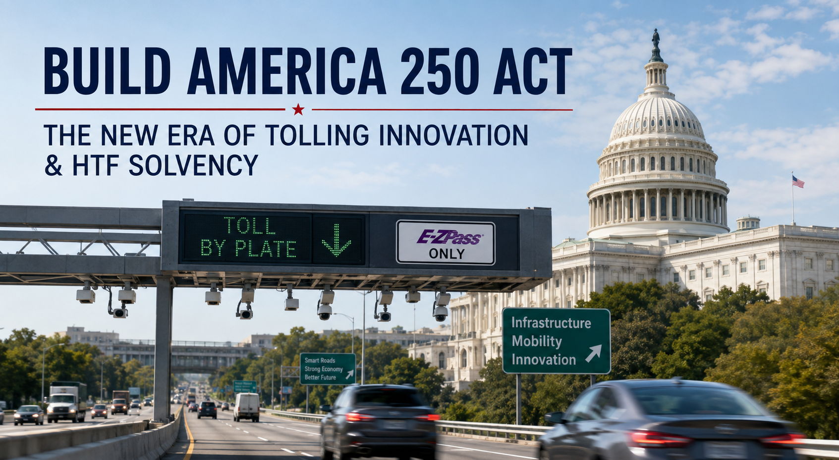 Photorealistic highway toll gantry with advanced electronic tolling technology in front of the U.S. Capitol building, symbolizing the BUILD America 250 Act, infrastructure funding, public-private partnerships, and the future of smart road-user charging.