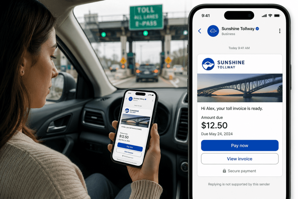 Driver viewing a verified RCS toll payment notification on a smartphone while approaching an electronic toll plaza, demonstrating secure and trusted digital toll communications.