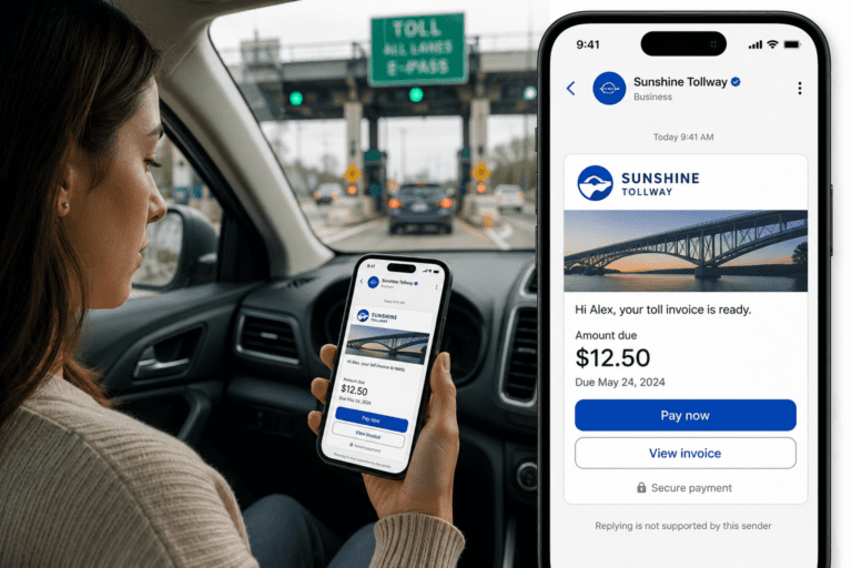 Driver viewing a verified RCS toll payment notification on a smartphone while approaching an electronic toll plaza, demonstrating secure and trusted digital toll communications.