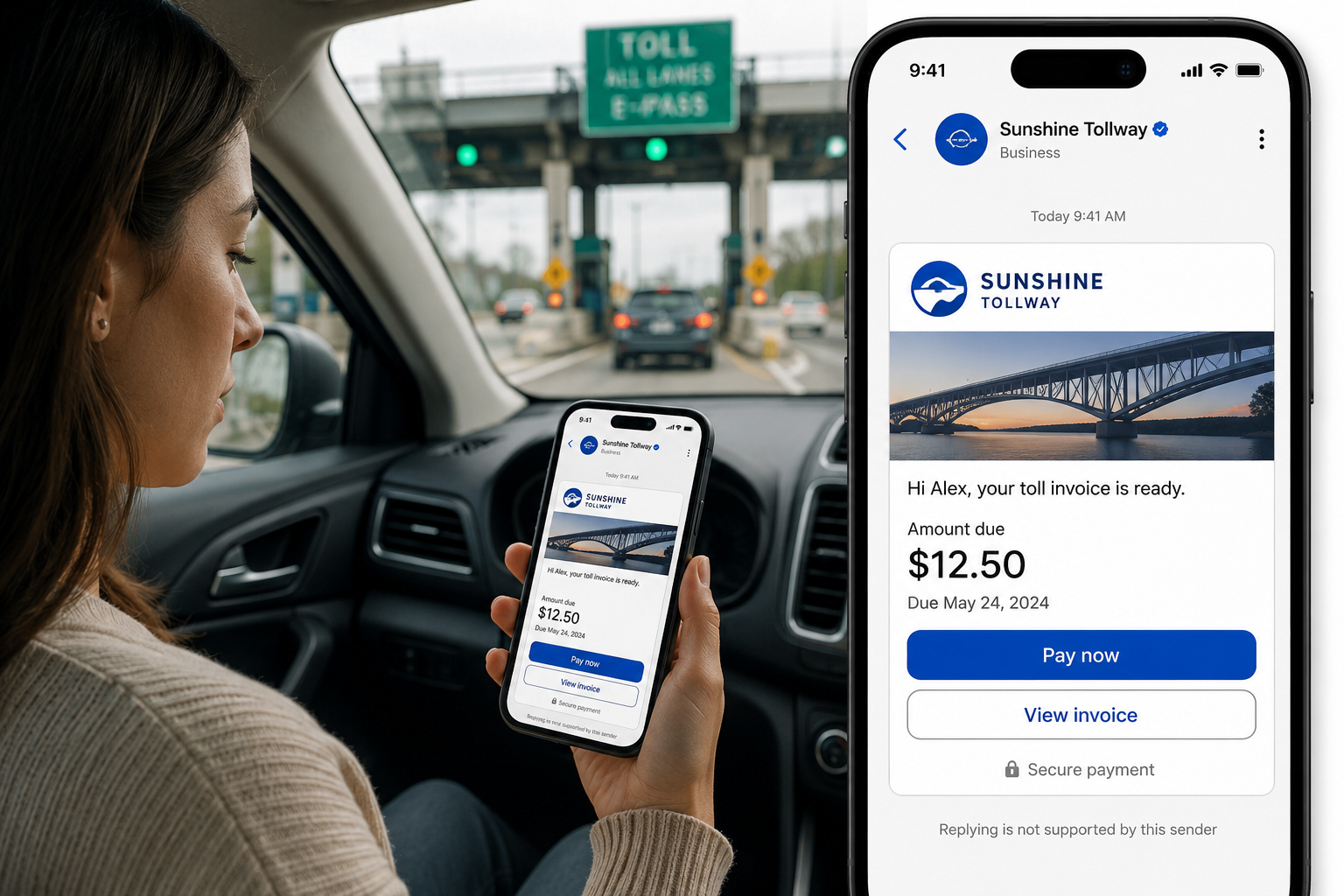Driver viewing a verified RCS toll payment notification on a smartphone while approaching an electronic toll plaza, demonstrating secure and trusted digital toll communications.